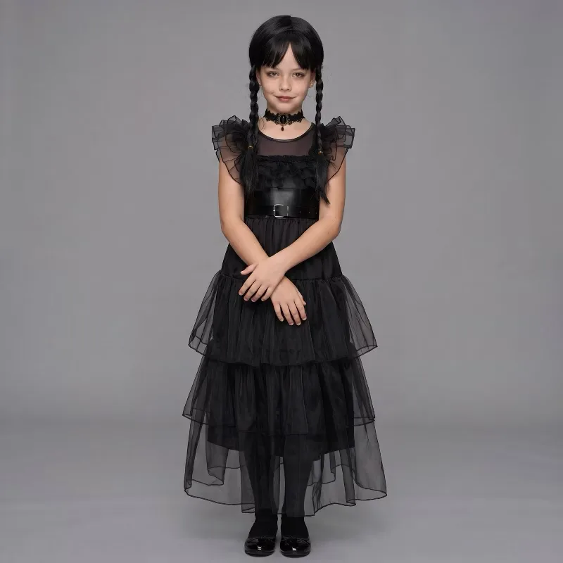 Joyfy Addams Black Gothic Dress for Girls' Halloween Costume, Kids Family Costume-M