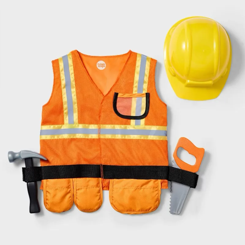Pretend Play Construction Worker Costume with Vest, Hat, Saw & Hammer 4T-5T